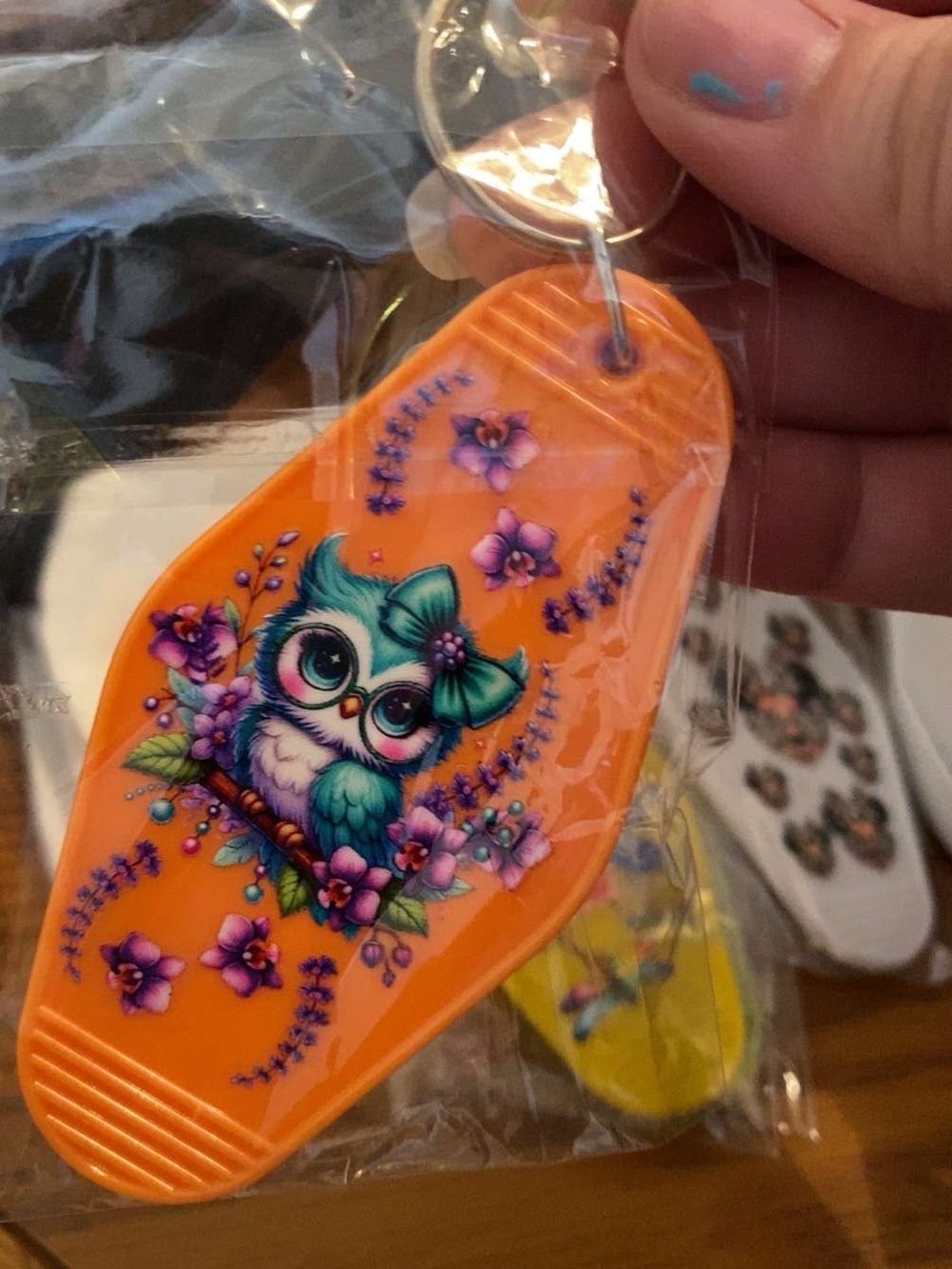 Cute Owl Keychain - Orange with Teal & Purple Floral Design
